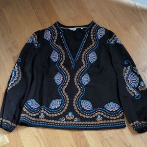 Boden Black Top with Multi Colored Embroidery Details